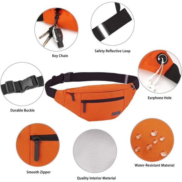 Women Men Orange Large Crossbody Fanny Pack Belt Bag Hands-Free Waist Pack - Picture 4 of 6